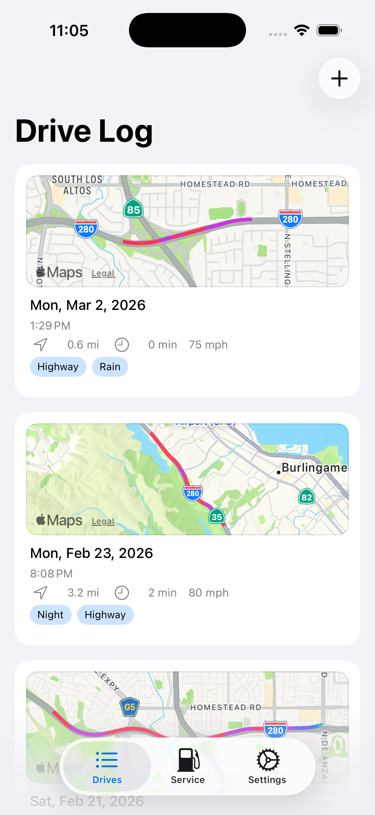 Drive Log — list of driving sessions